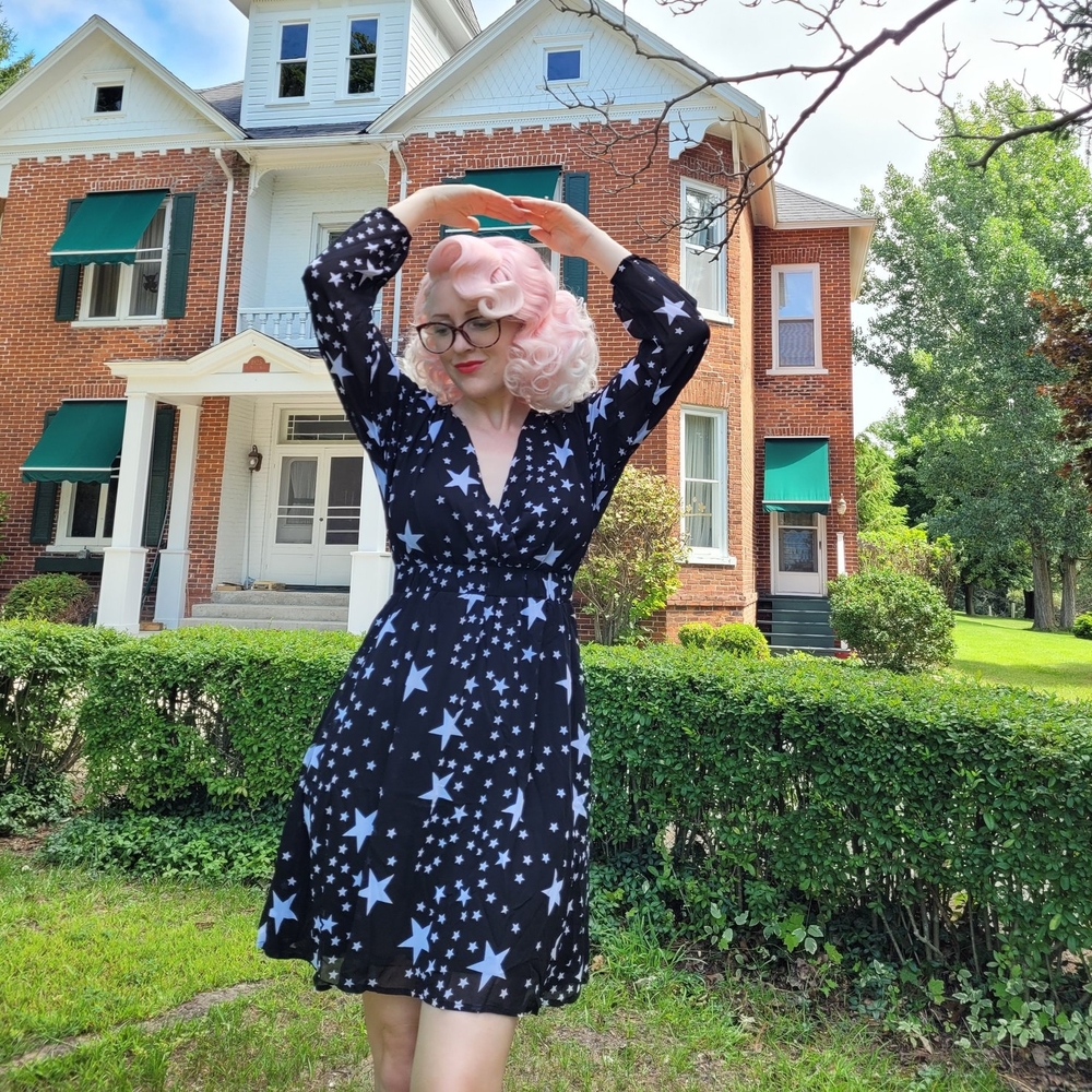 Starry Night Black Dress Star Print Long Sleeves Celestial Small